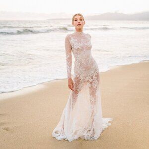 Watters Sheer Lace Wedding Dress in White